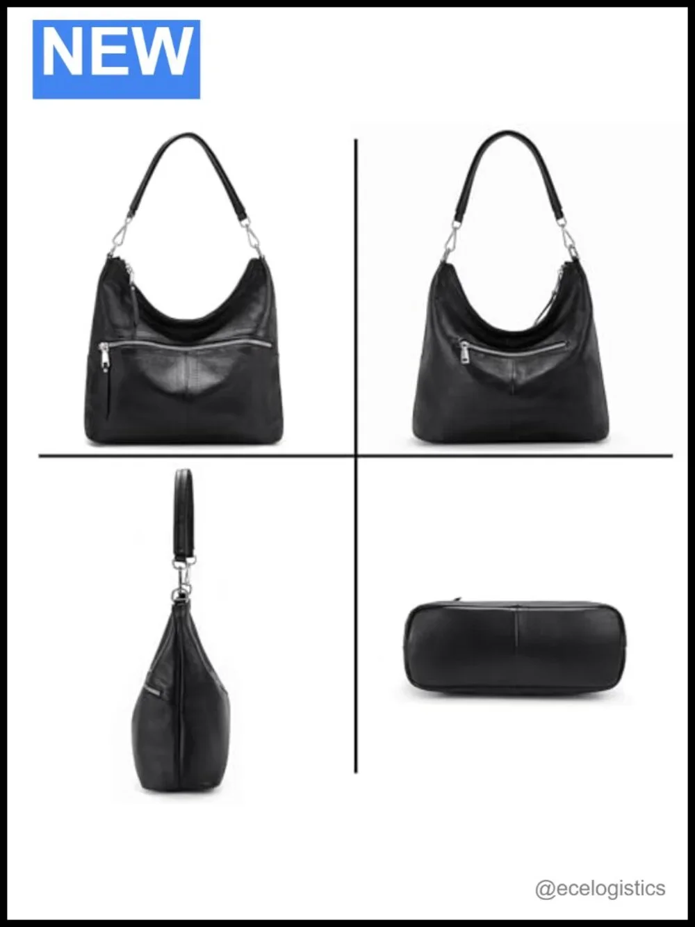 Genuine Leather Pebbled Hobo Handbag Shoulder Crossbody Bag Silver Hardware